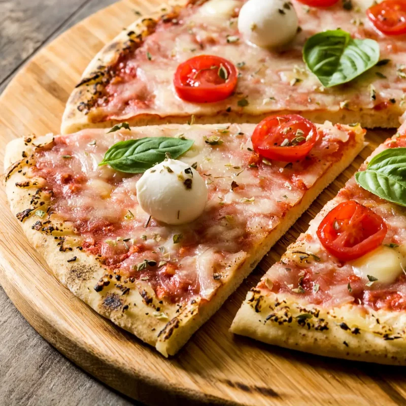 Sliced pizza margherita presenting mozzarella, cherry tomatoes, and basil leaves on wooden board is waiting to be eaten